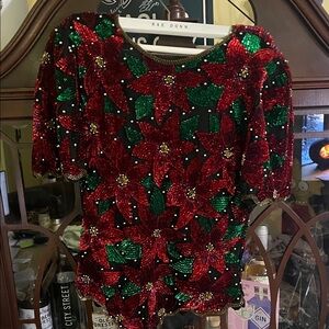 Vintage silk Christmas  Beaded Top